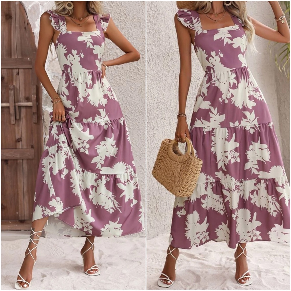 Boho Floral Print Open Back Butterfly Sleeve Maxi Dress - Picture 9 of 9
